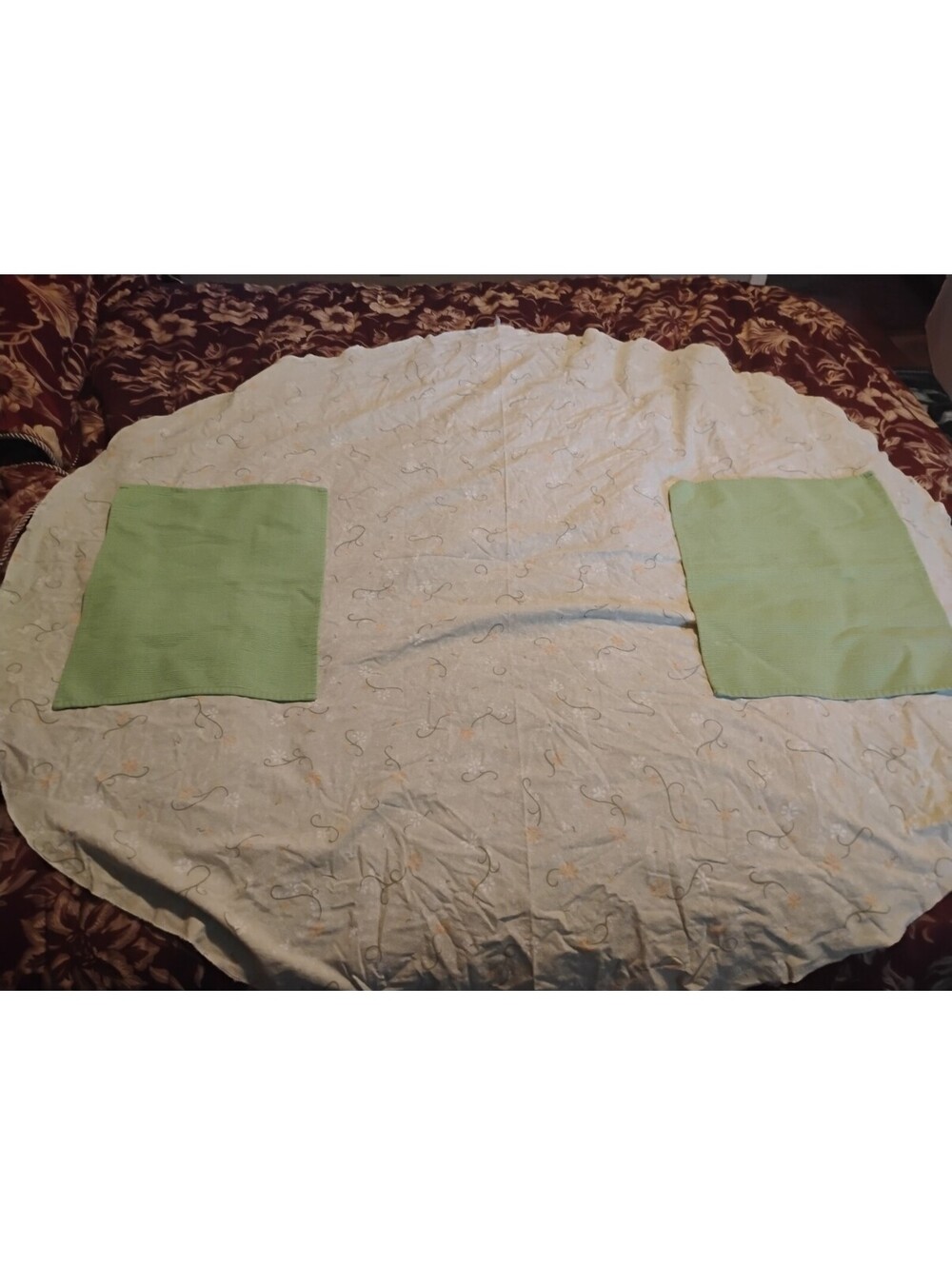 Vintage Round Tablecloth with Green Square Patches